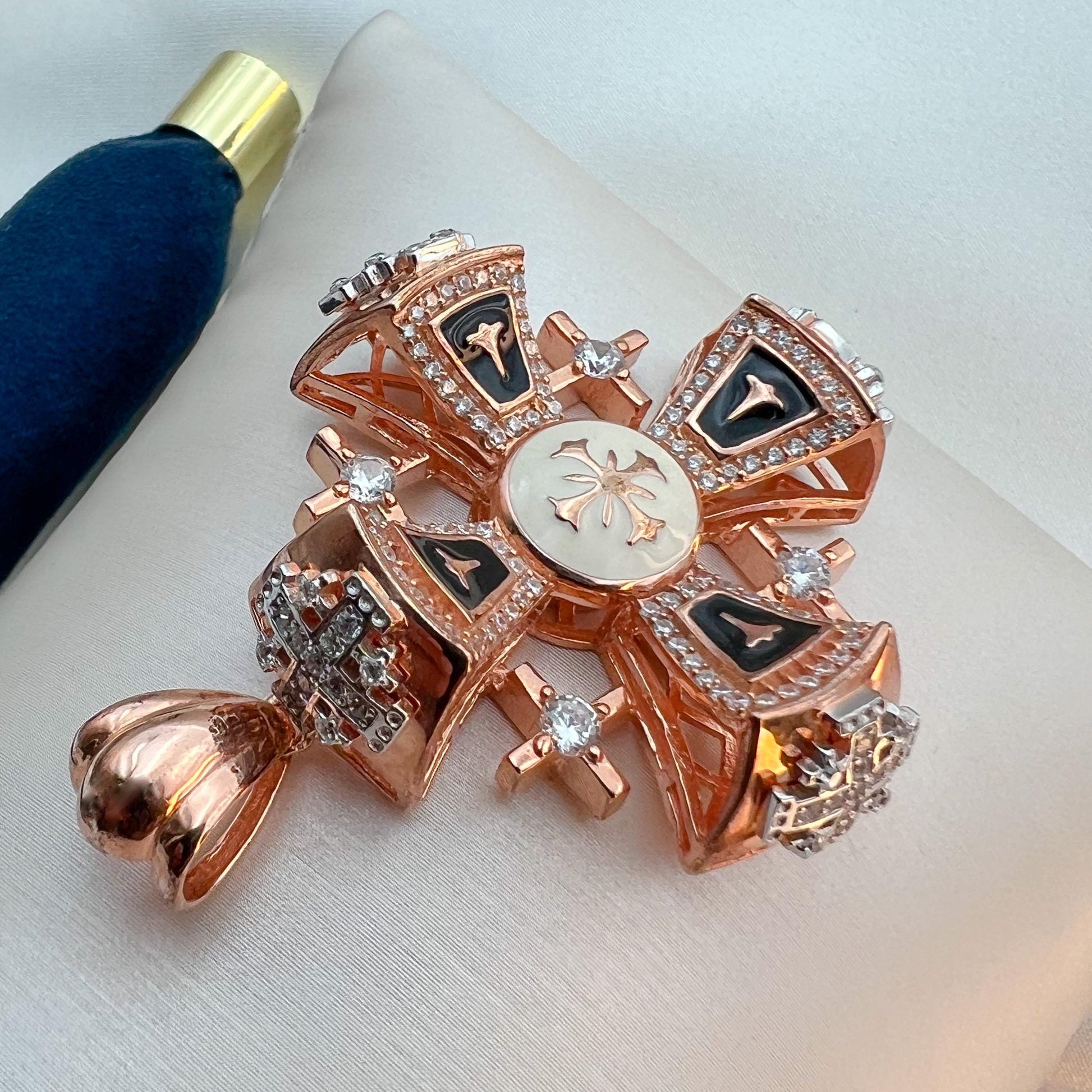 Jerusalem Cross Pendant | Radiant 18K Rose Gold and Sterling Silver with Zircons