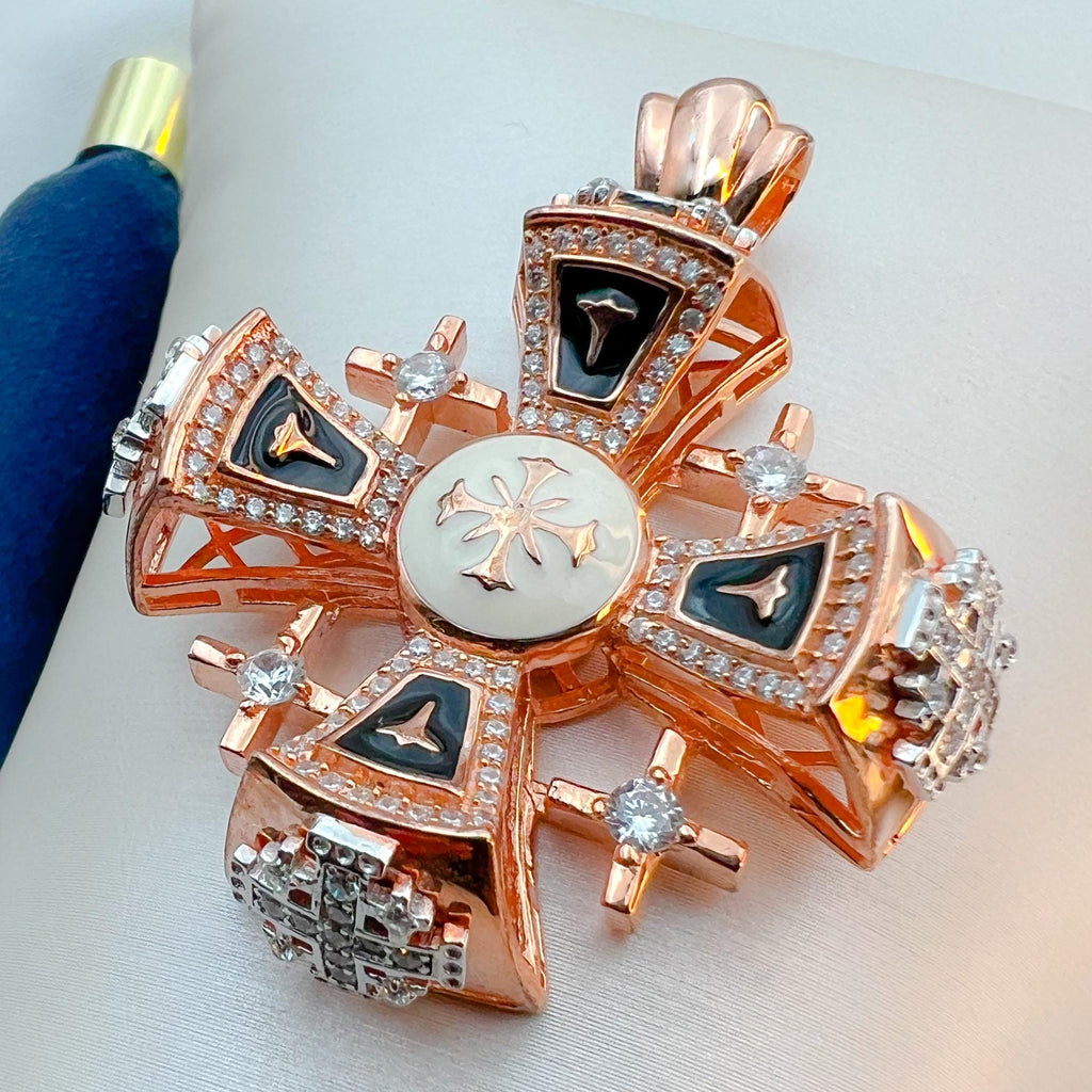 Jerusalem Cross Pendant | Radiant 18K Rose Gold and Sterling Silver with Zircons