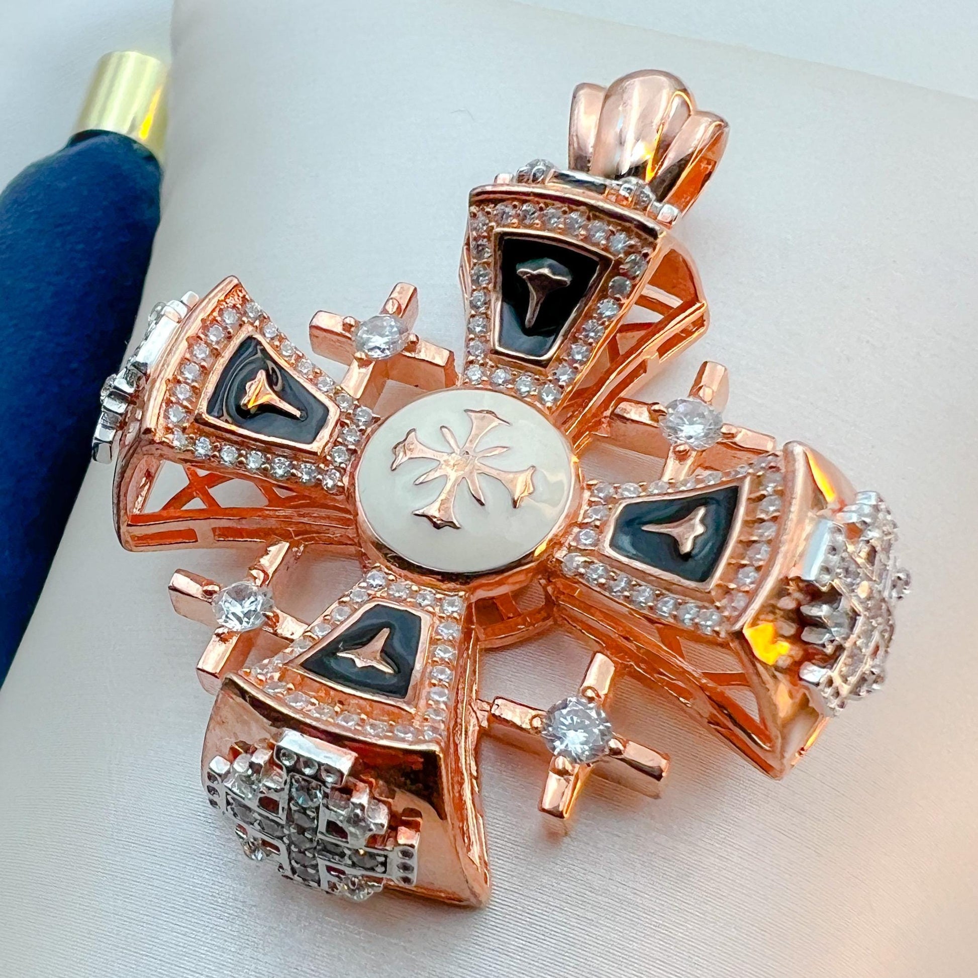 Jerusalem Cross Pendant | Radiant 18K Rose Gold and Sterling Silver with Zircons