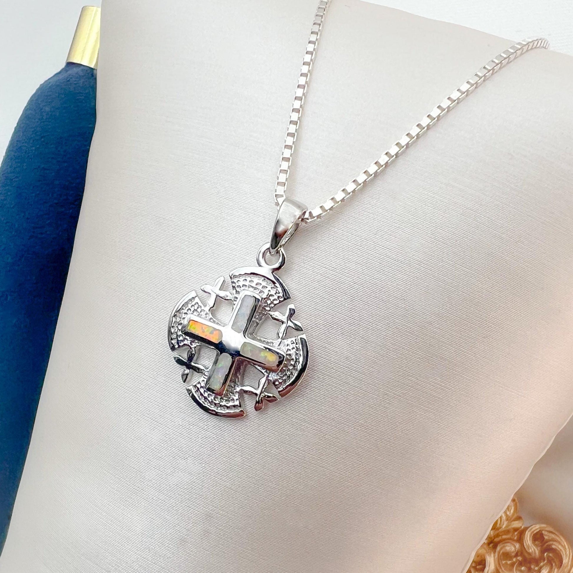 Sterling Silver Jerusalem Cross Pendant with White Opal - Chain Included