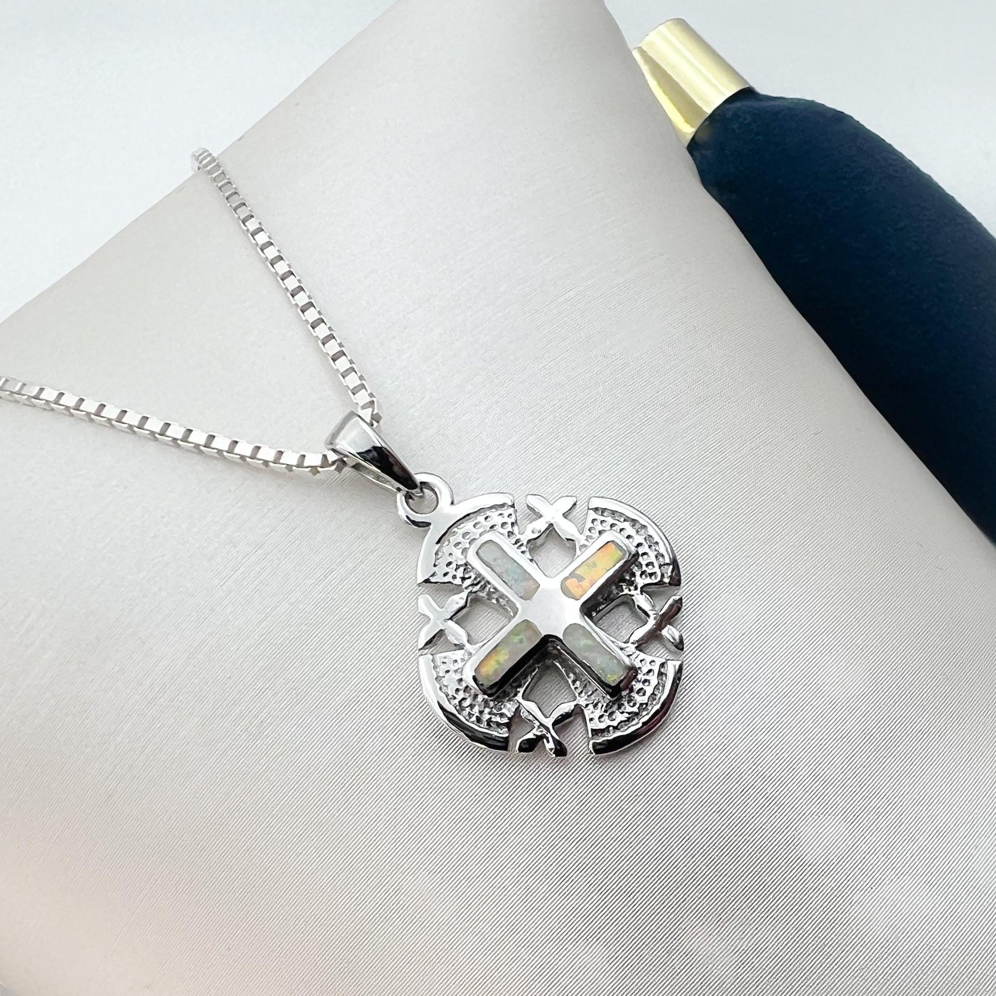 Sterling Silver Jerusalem Cross Pendant with White Opal - Chain Included