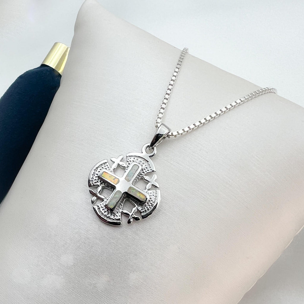 Sterling Silver Jerusalem Cross Pendant with White Opal - Chain Included
