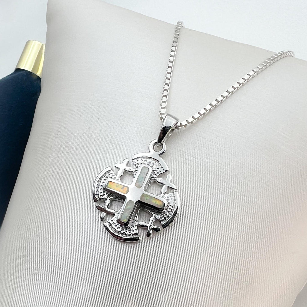 Sterling Silver Jerusalem Cross Pendant with White Opal - Chain Included