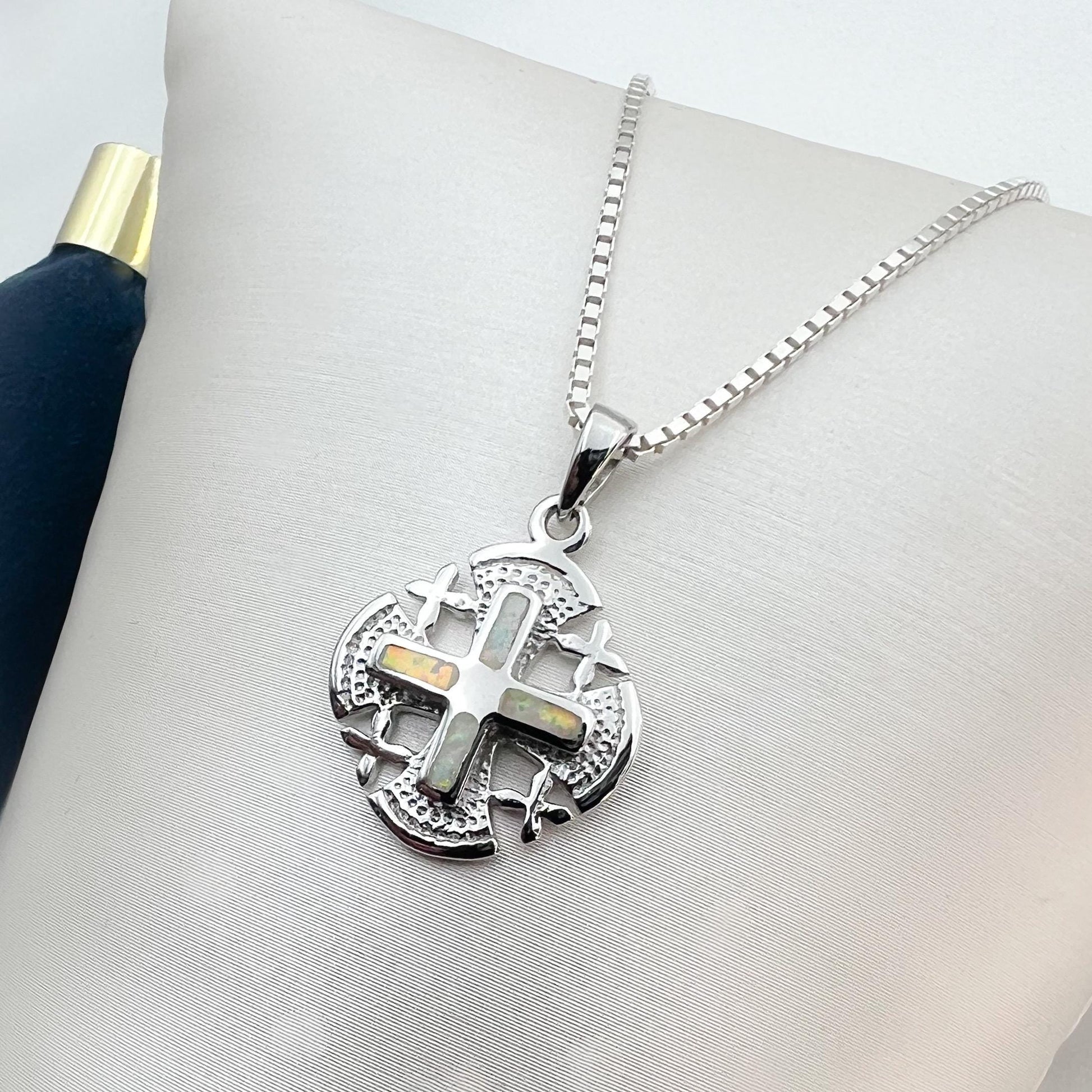 Sterling Silver Jerusalem Cross Pendant with White Opal - Chain Included