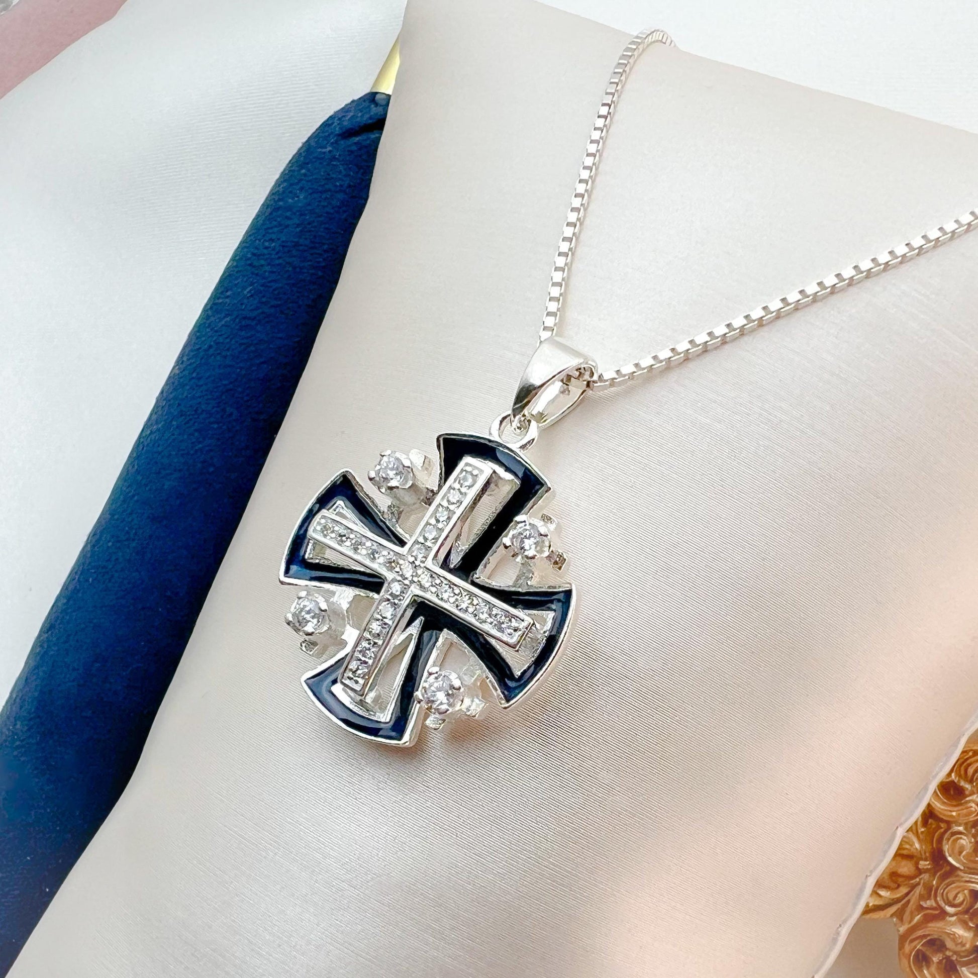 Timeless Jerusalem Cross Pendant in Silver 925 with Zirconia and Blue Enamel