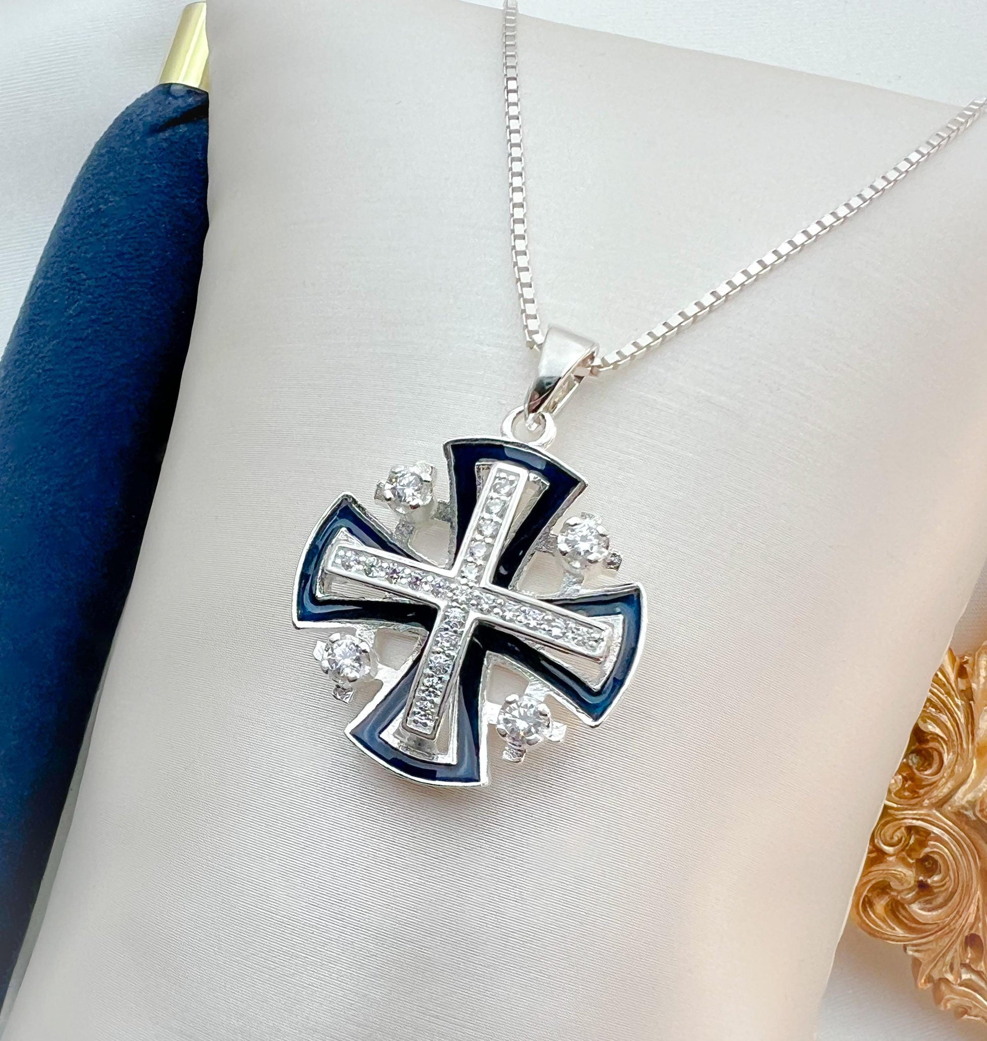 Timeless Jerusalem Cross Pendant in Silver 925 with Zirconia and Blue Enamel