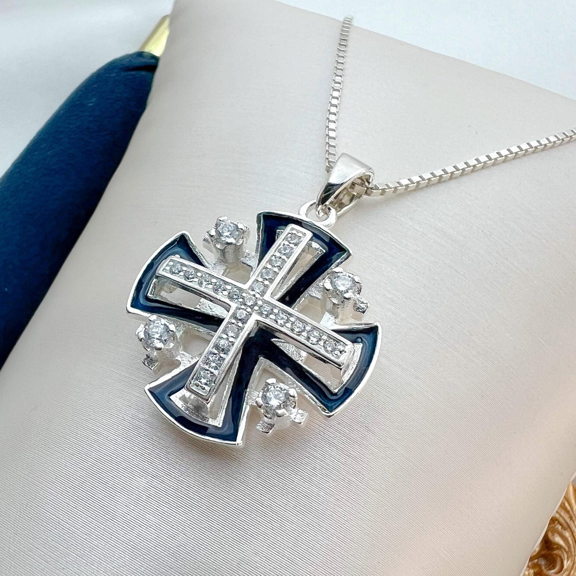 Timeless Jerusalem Cross Pendant in Silver 925 with Zirconia and Blue Enamel