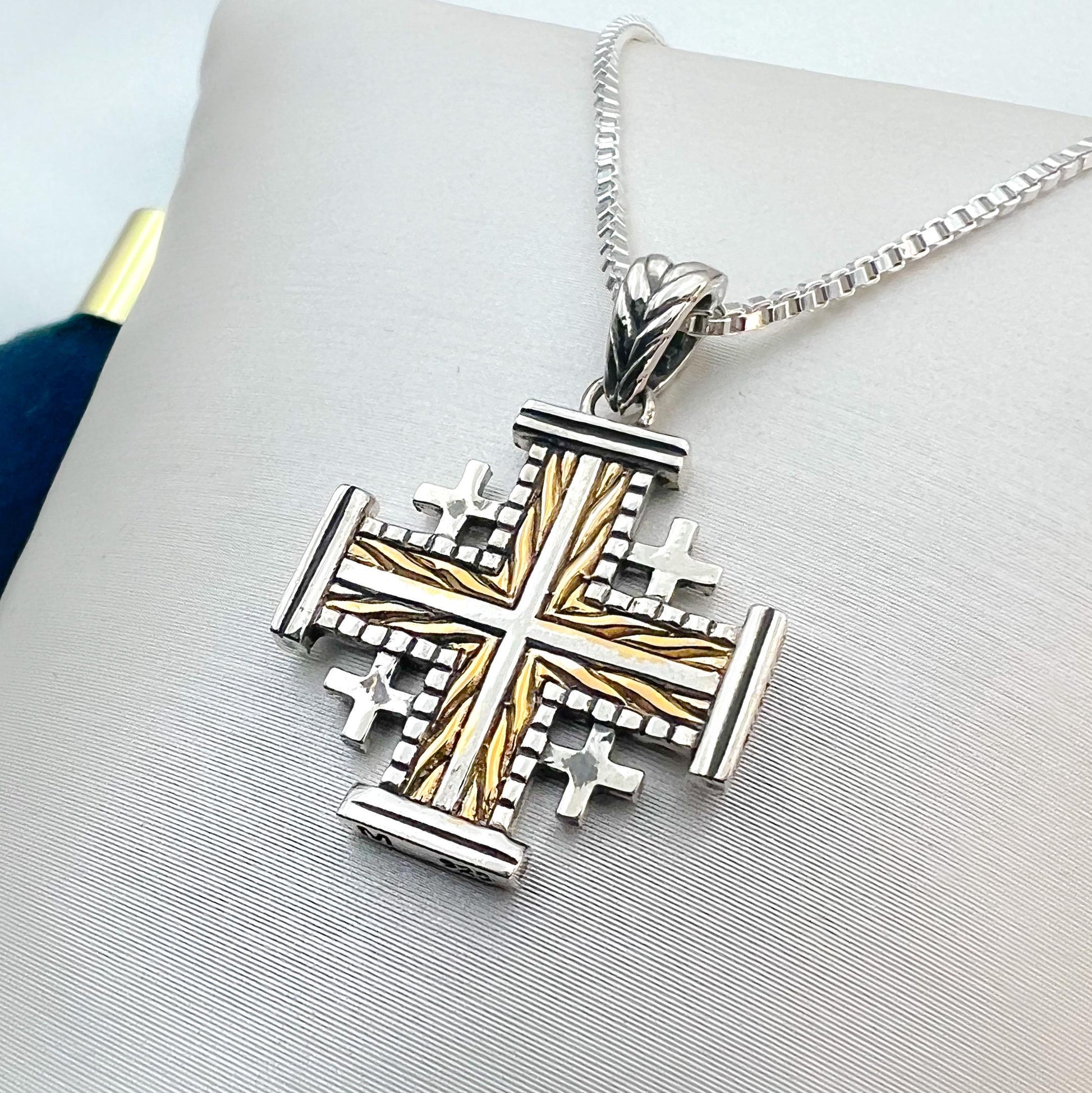 Jerusalem Cross Necklace in Sterling Silver and 14k Gold with Silver Chain