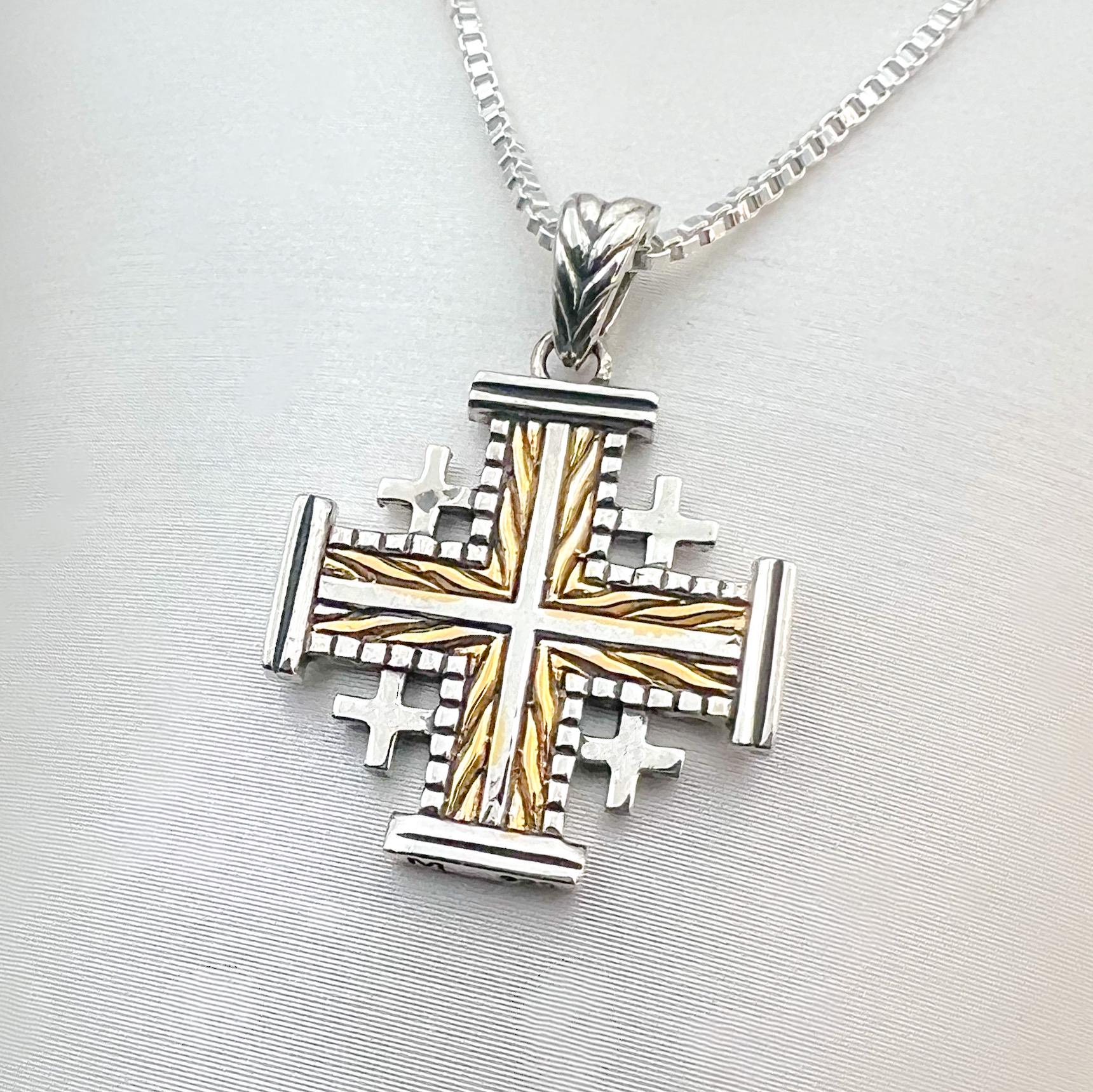 Jerusalem Cross Necklace in Sterling Silver and 14k Gold with Silver Chain