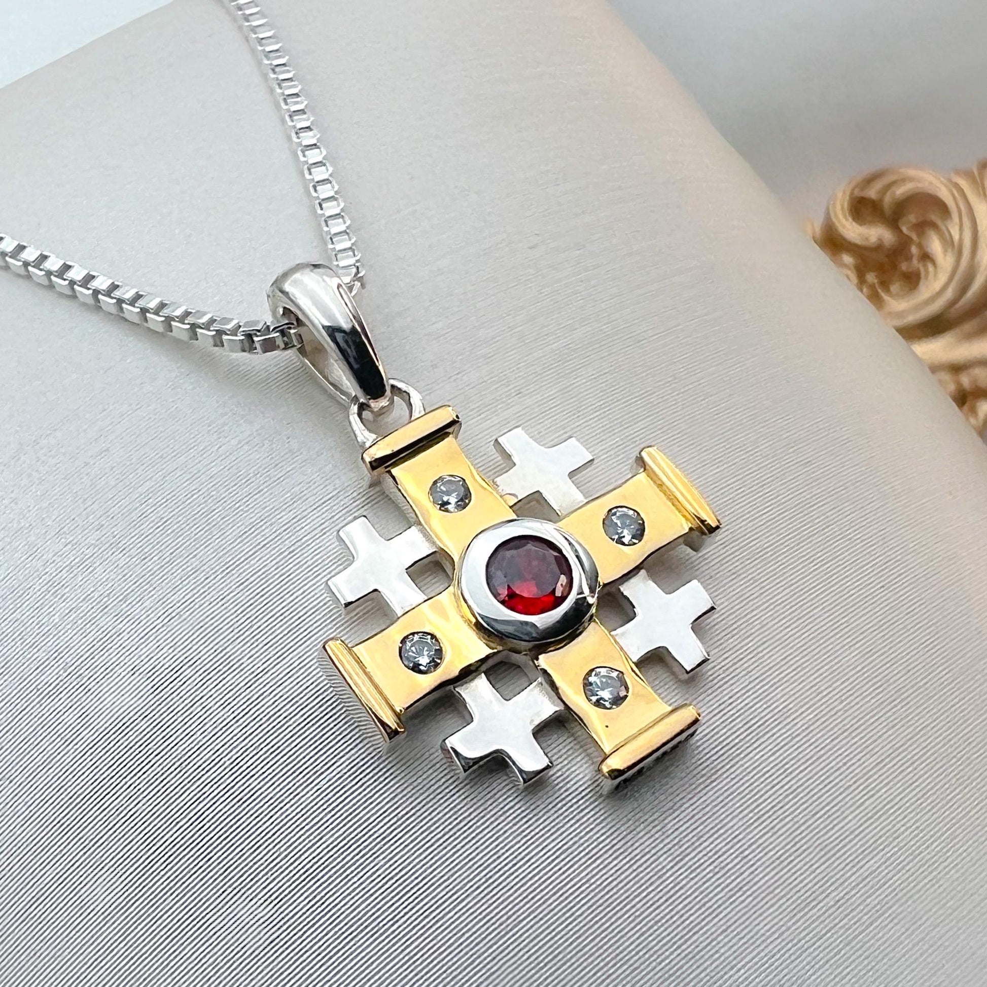 Jerusalem Cross Necklace Featuring Ruby Gemstone and Silver 925 with 14k Gold Accents