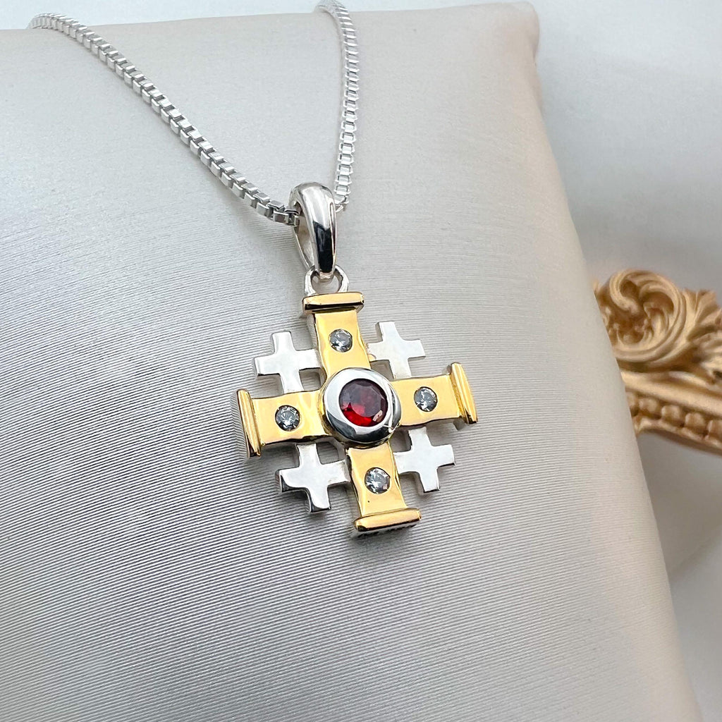 Jerusalem Cross Necklace Featuring Ruby Gemstone and Silver 925 with 14k Gold Accents