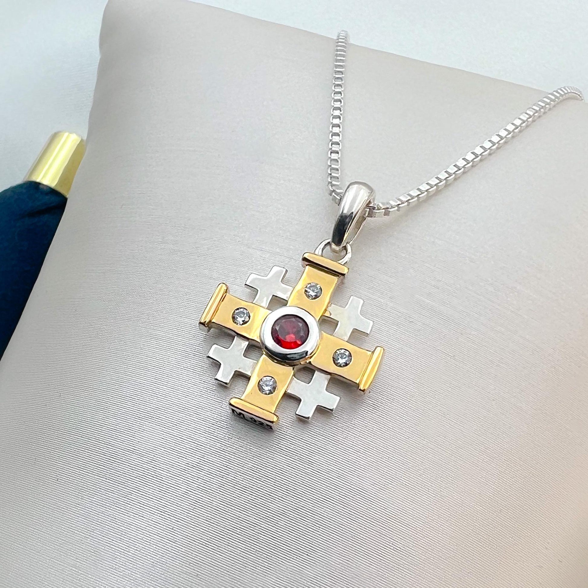 Jerusalem Cross Necklace Featuring Ruby Gemstone and Silver 925 with 14k Gold Accents