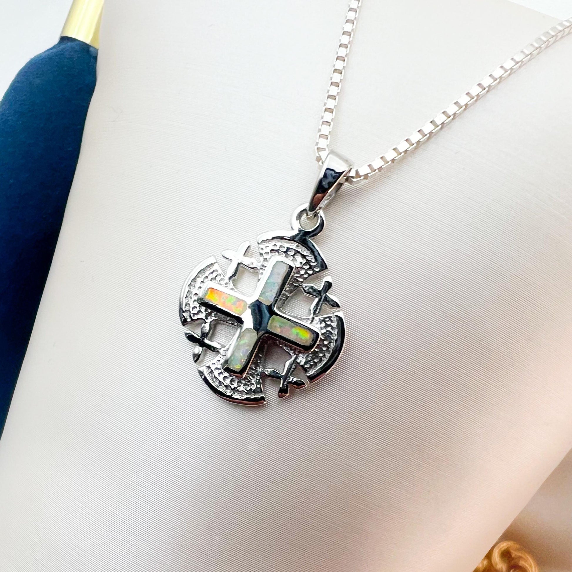 Sterling Silver Jerusalem Cross Pendant with White Opal - Chain Included