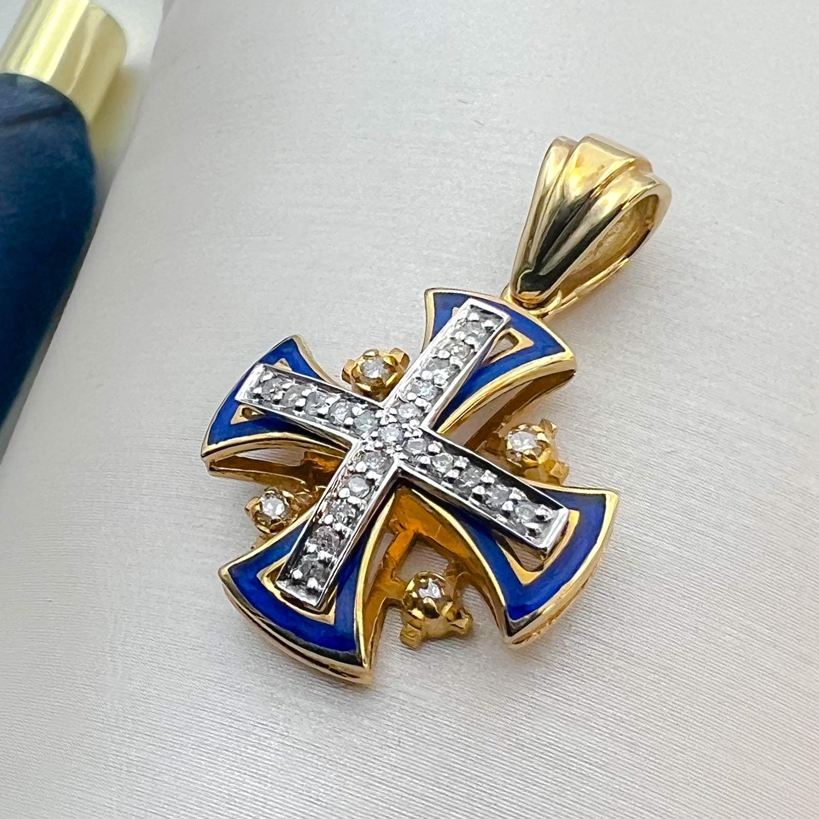 Handcrafted Jerusalem Cross Pendant 14k Gold and Blue Enamel with 25 Diamonds 0.35ct