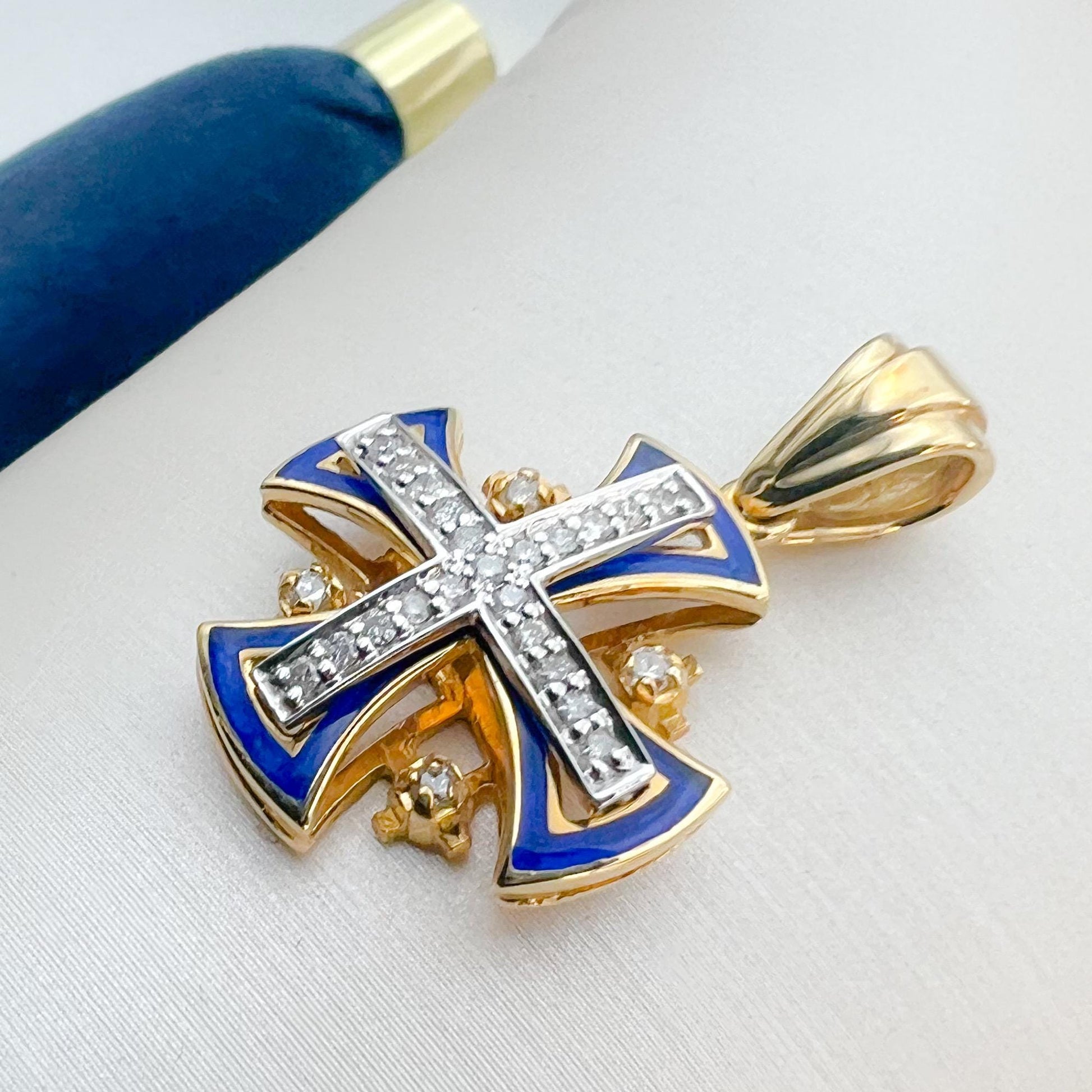 Handcrafted Jerusalem Cross Pendant 14k Gold and Blue Enamel with 25 Diamonds 0.35ct