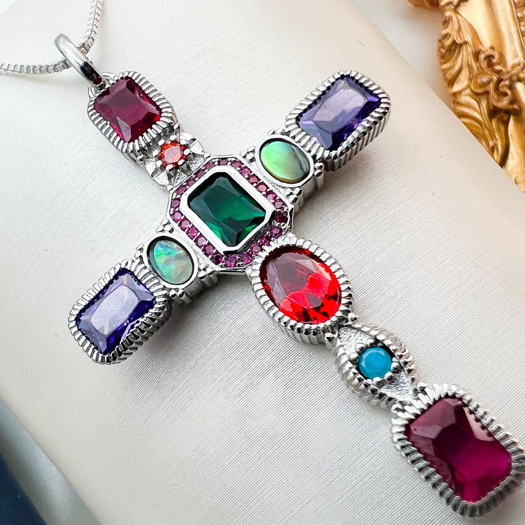 Silver 925 Cross Pendant with Multicolor Gemstones