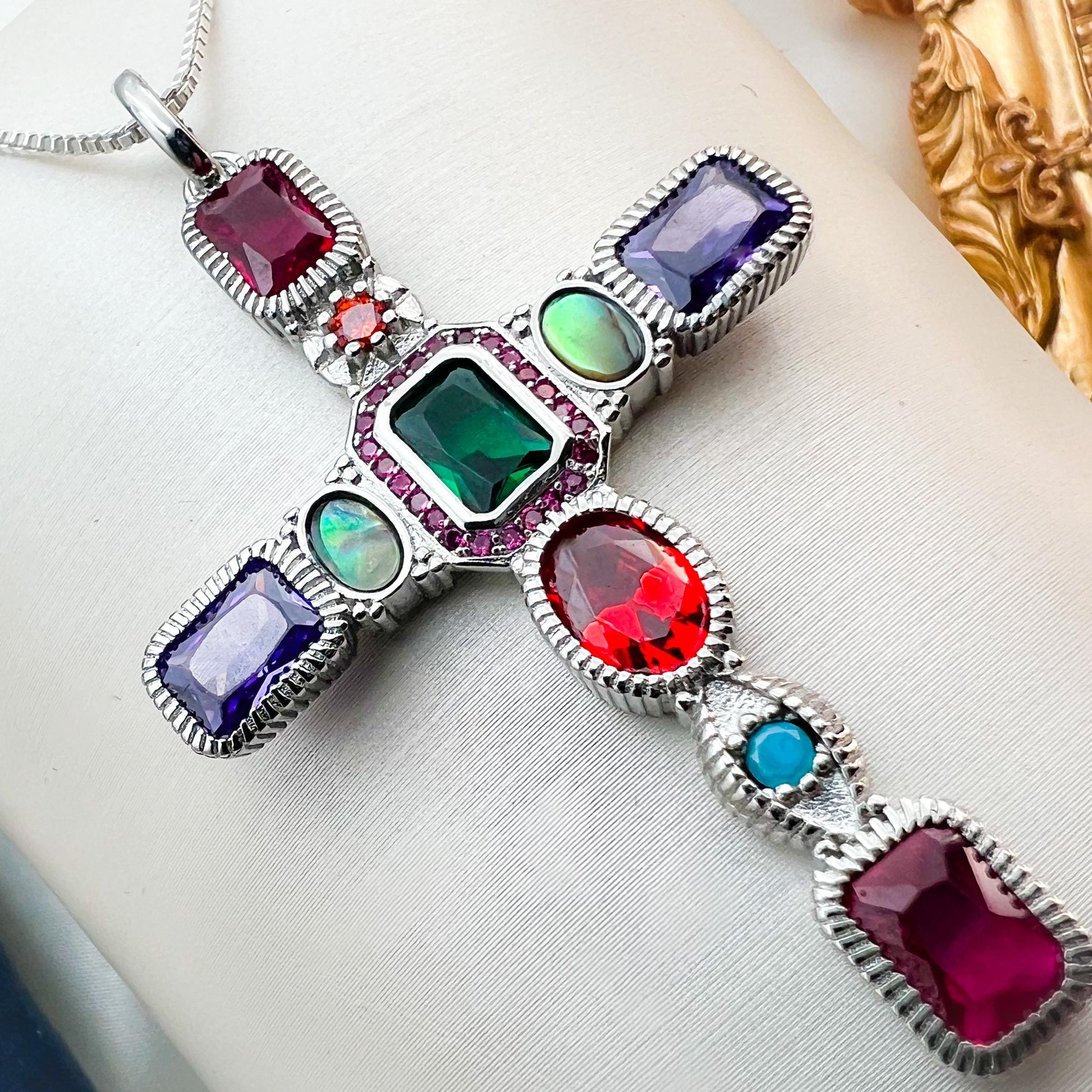 Silver 925 Cross Pendant with Multicolor Gemstones