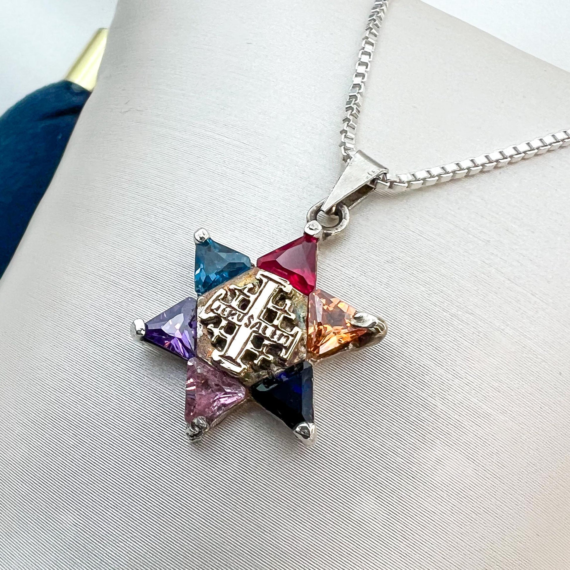 Messianic Star of David and Jerusalem Cross Pendant with Vibrant Stones