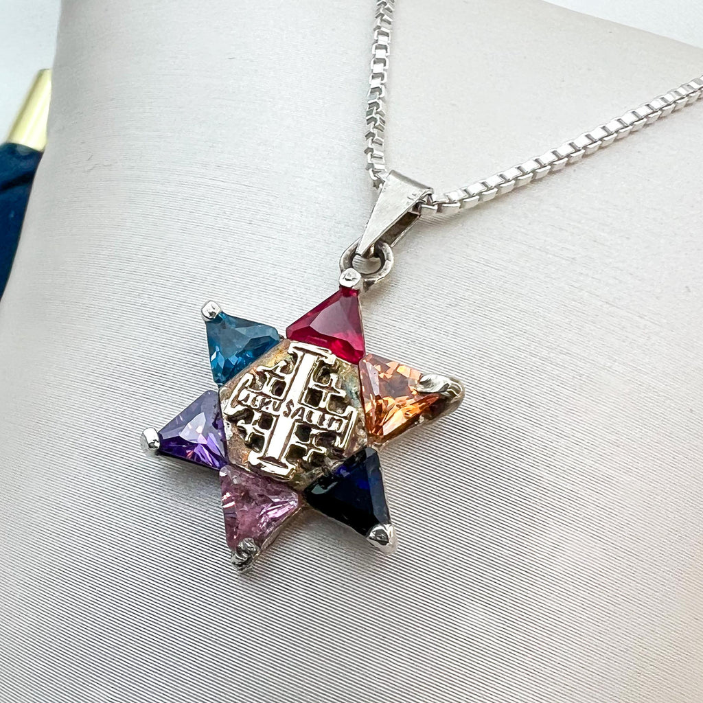 Messianic Star of David and Jerusalem Cross Pendant with Vibrant Stones
