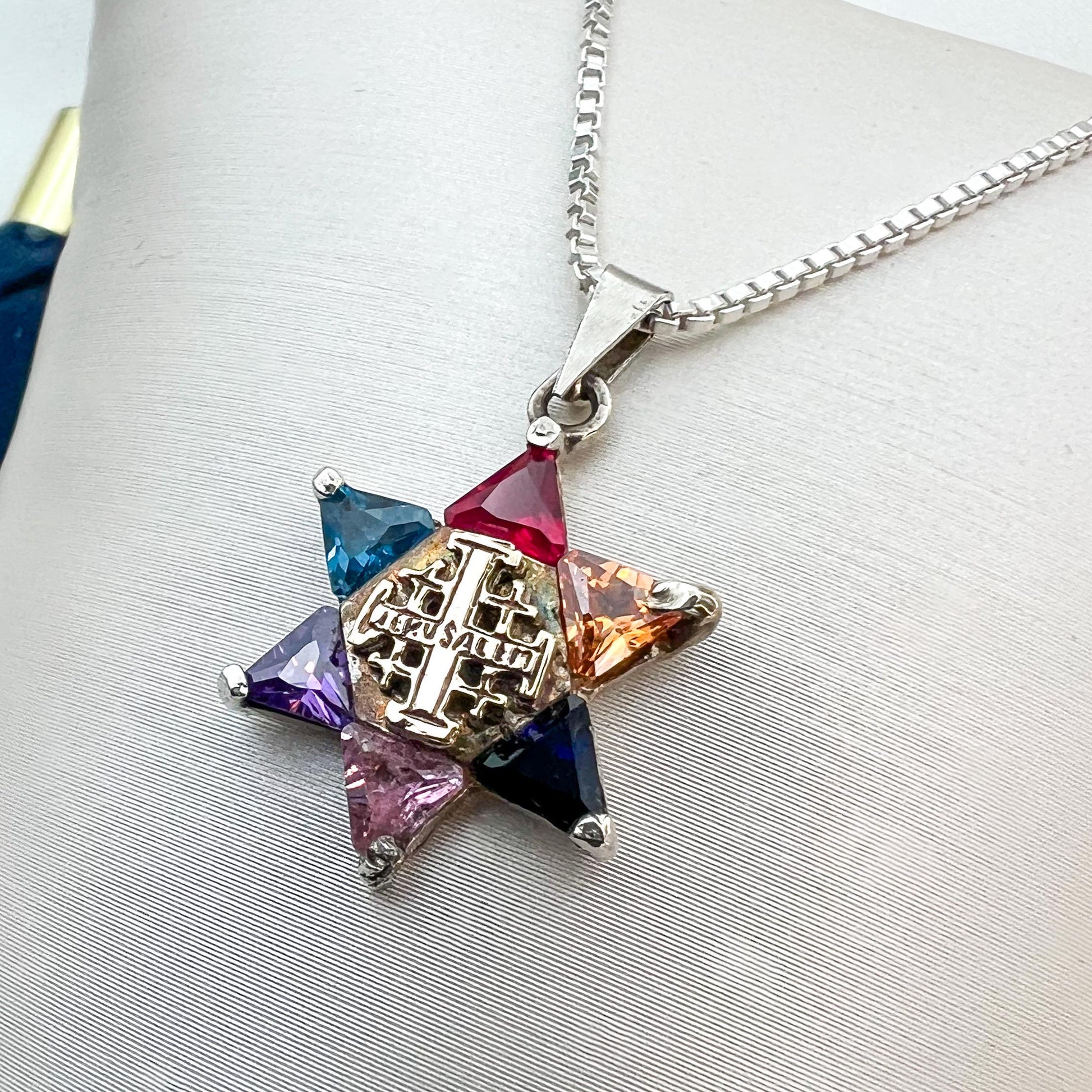 Messianic Star of David and Jerusalem Cross Pendant with Vibrant Stones