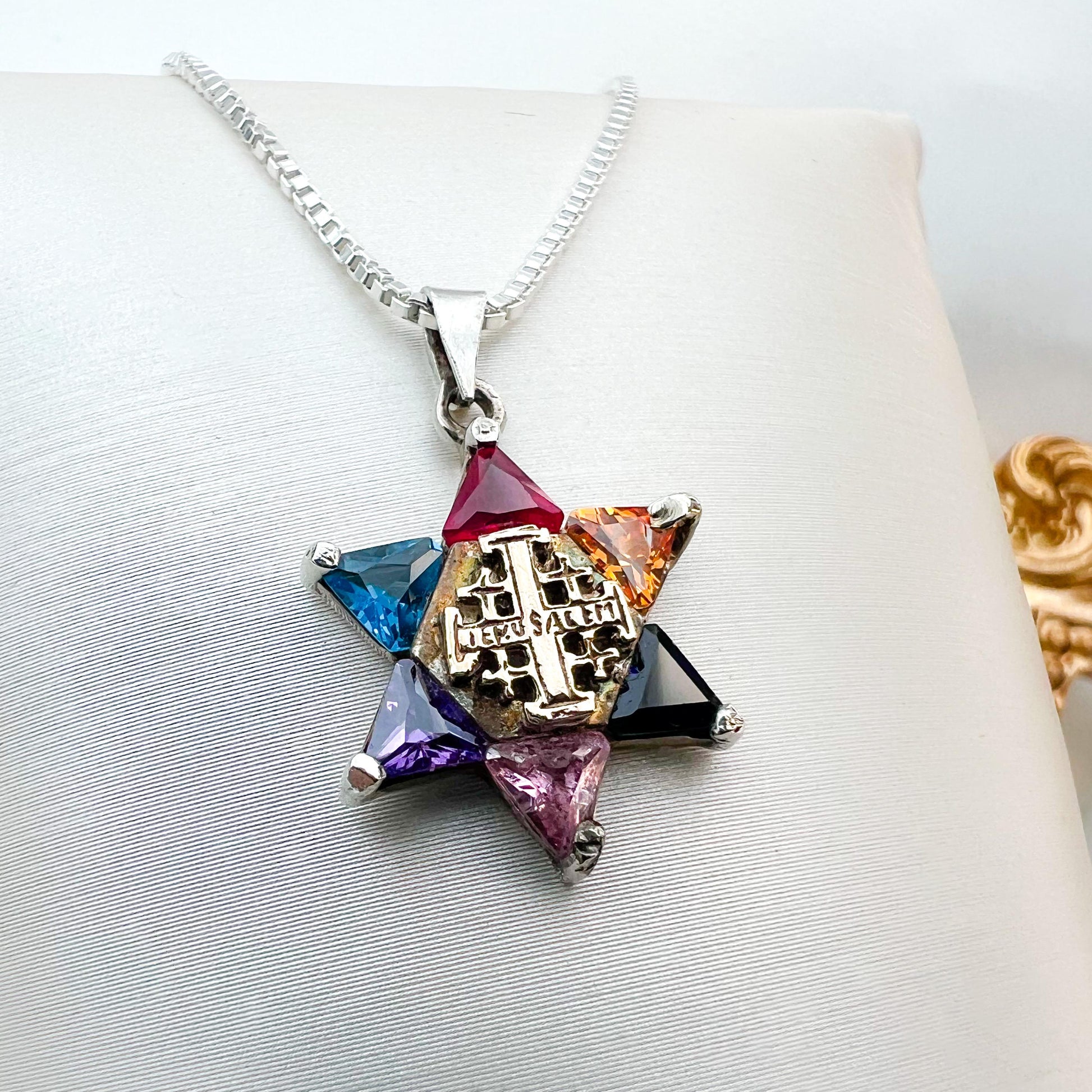 Messianic Star of David and Jerusalem Cross Pendant with Vibrant Stones