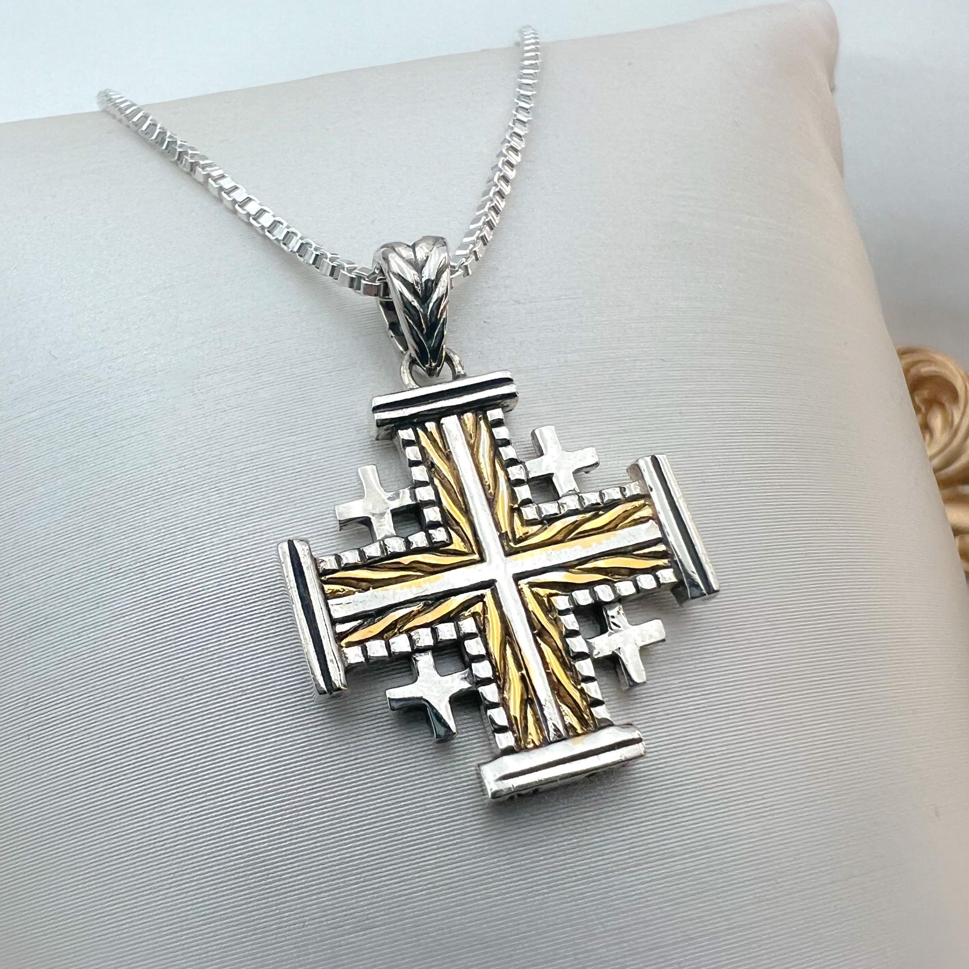 Jerusalem Cross Necklace in Sterling Silver and 14k Gold with Silver Chain