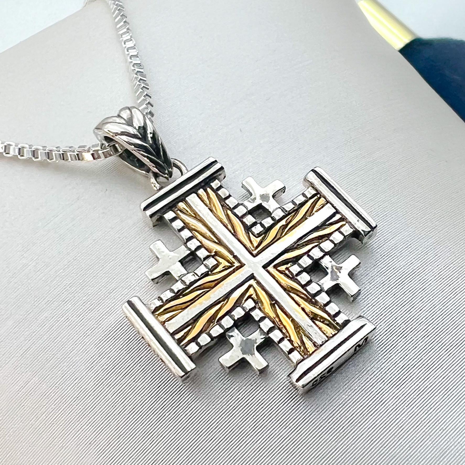 Jerusalem Cross Necklace in Sterling Silver and 14k Gold with Silver Chain