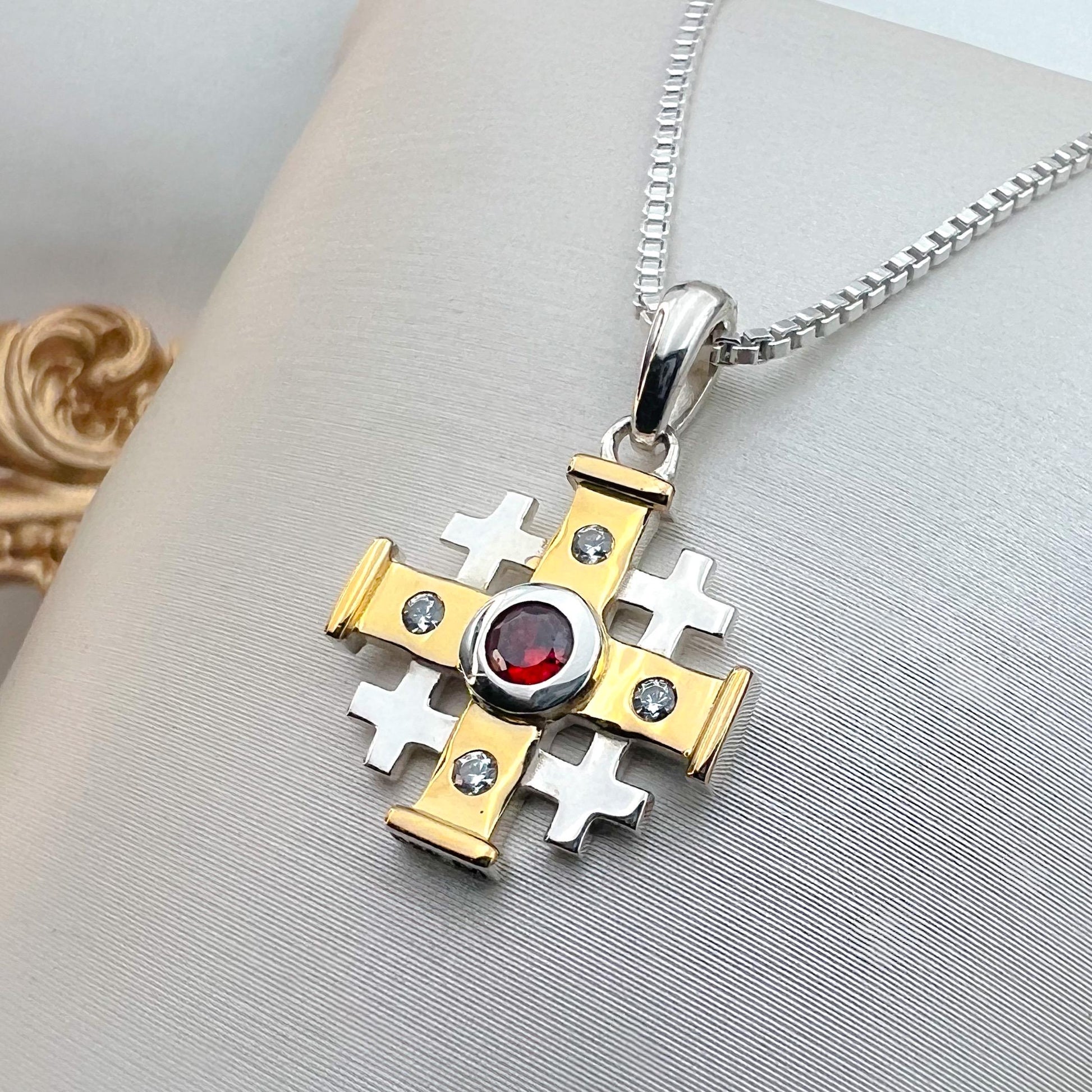 Jerusalem Cross Necklace Featuring Ruby Gemstone and Silver 925 with 14k Gold Accents