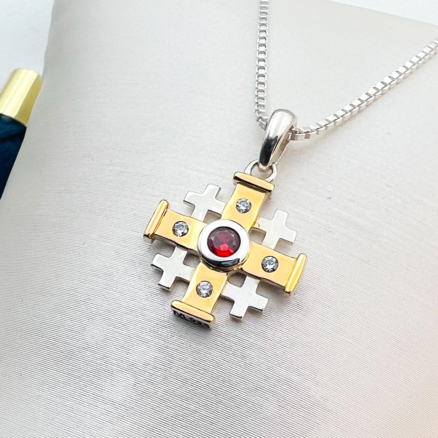 Jerusalem Cross Necklace Featuring Ruby Gemstone and Silver 925 with 14k Gold Accents