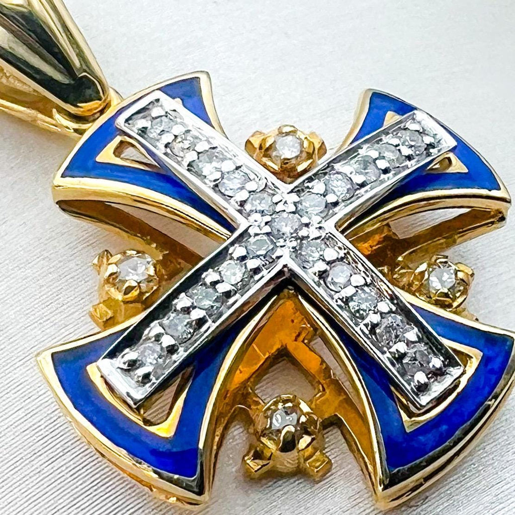 Handcrafted Jerusalem Cross Pendant 14k Gold and Blue Enamel with 25 Diamonds 0.35ct