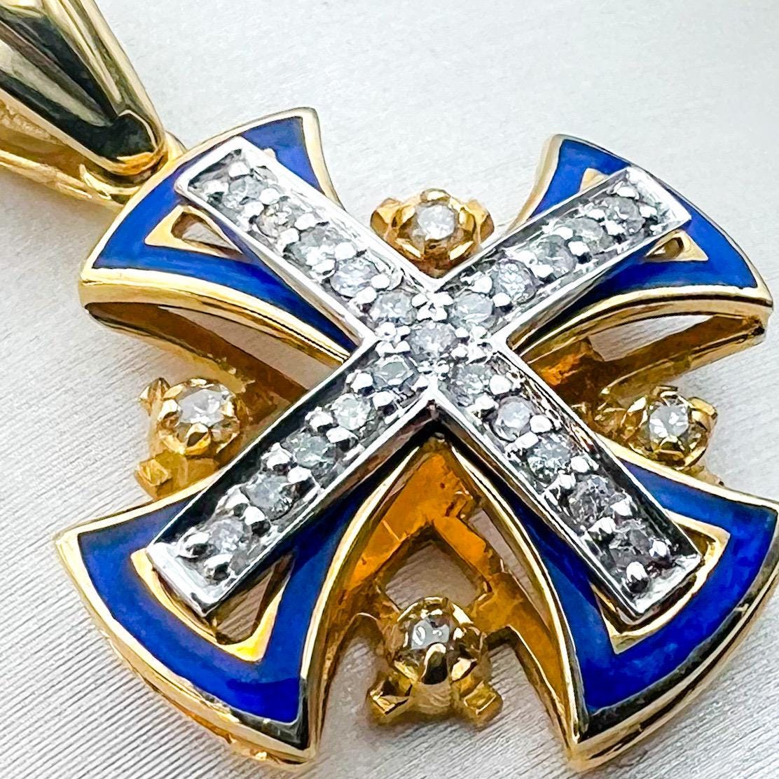 Handcrafted Jerusalem Cross Pendant 14k Gold and Blue Enamel with 25 Diamonds 0.35ct