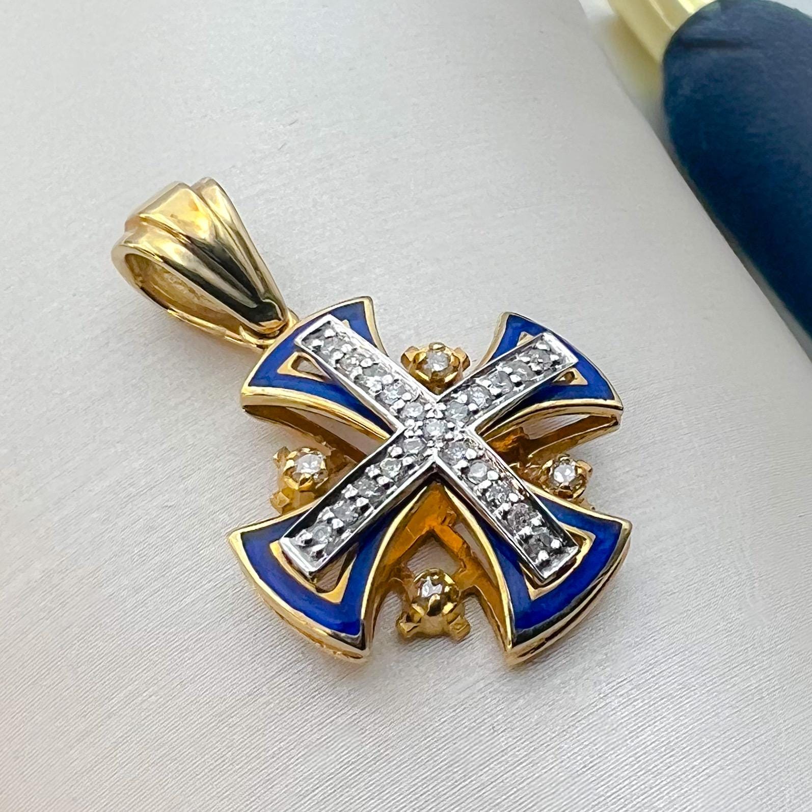 Handcrafted Jerusalem Cross Pendant 14k Gold and Blue Enamel with 25 Diamonds 0.35ct