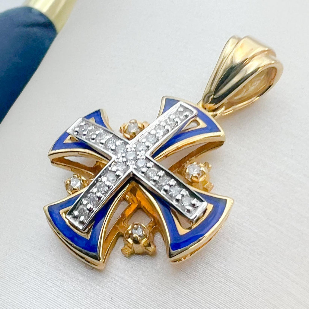 Handcrafted Jerusalem Cross Pendant 14k Gold and Blue Enamel with 25 Diamonds 0.35ct