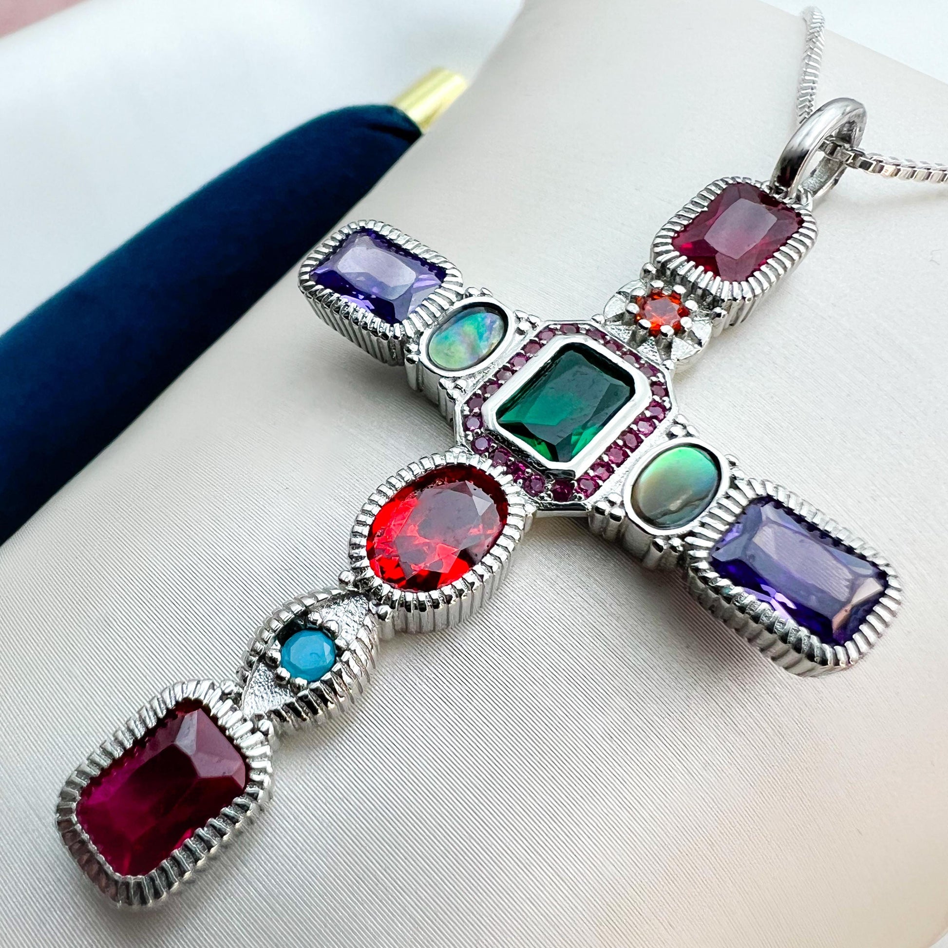 Silver 925 Cross Pendant with Multicolor Gemstones
