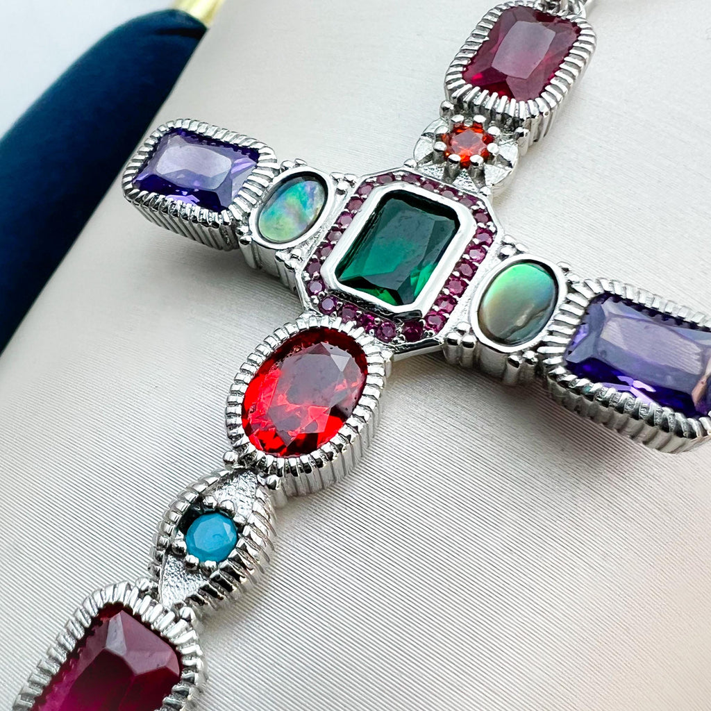 Silver 925 Cross Pendant with Multicolor Gemstones
