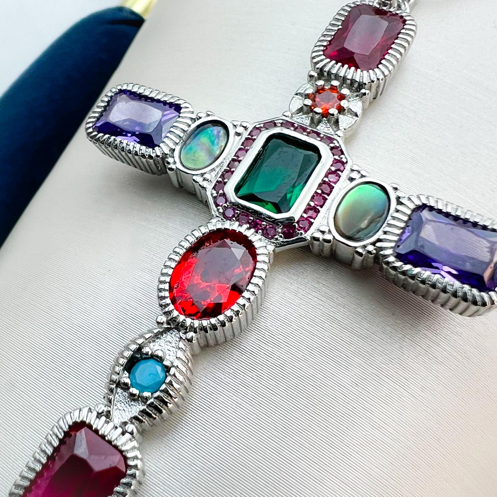 Silver 925 Cross Pendant with Multicolor Gemstones