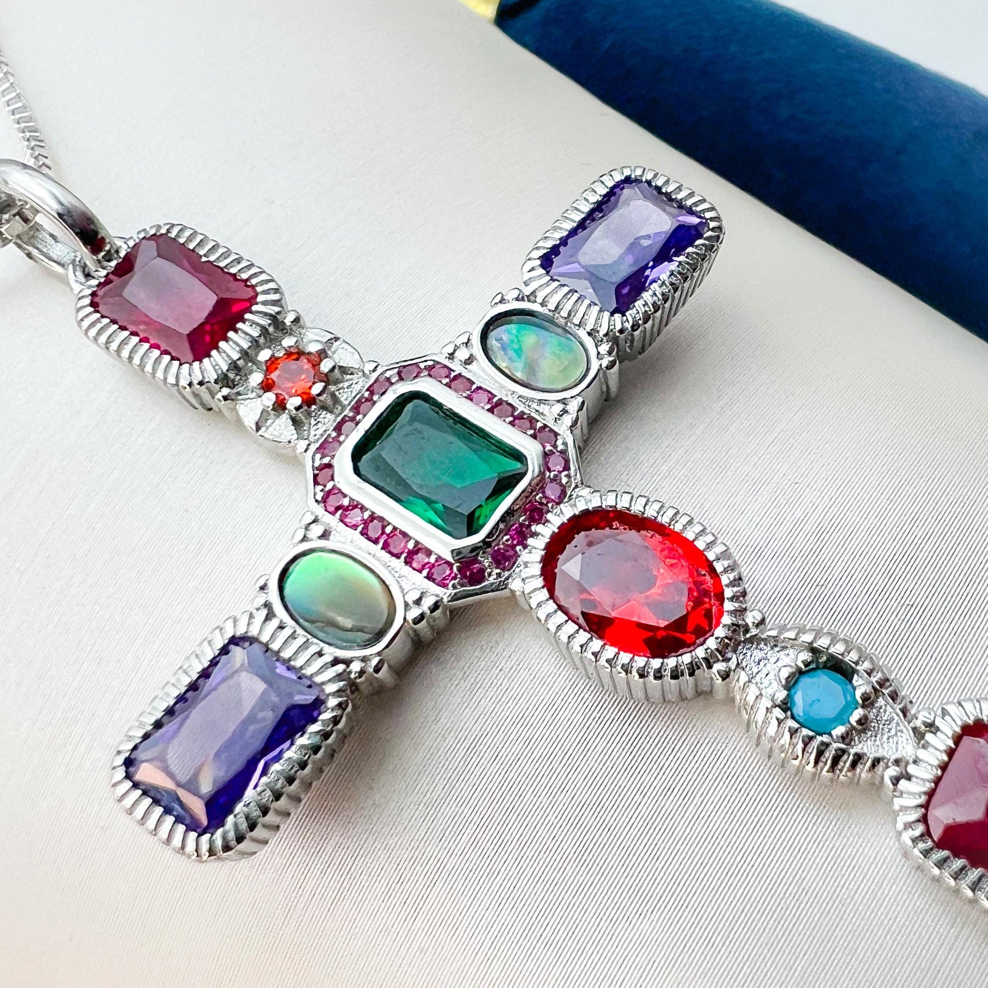 Silver 925 Cross Pendant with Multicolor Gemstones