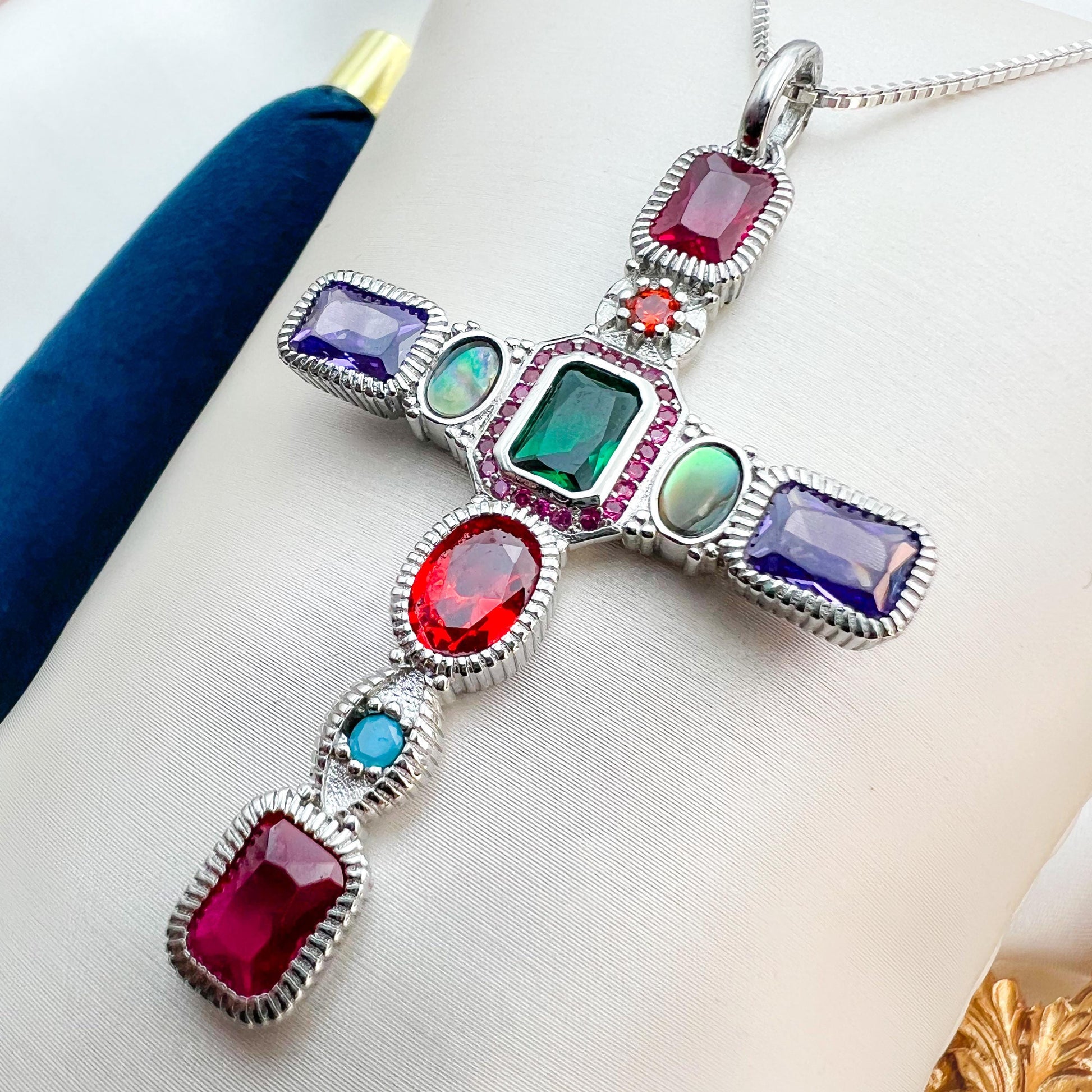 Silver 925 Cross Pendant with Multicolor Gemstones