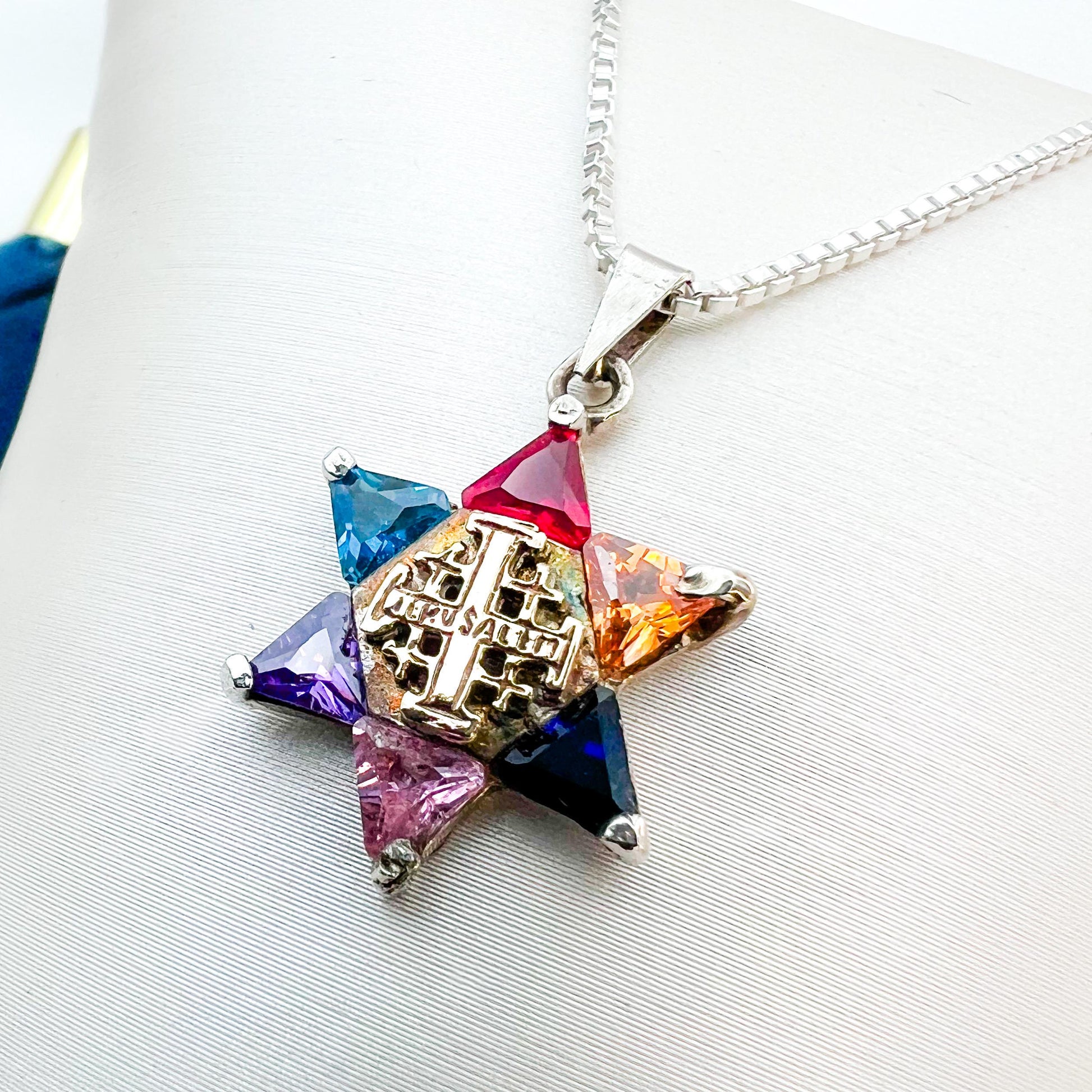 Messianic Star of David and Jerusalem Cross Pendant with Vibrant Stones